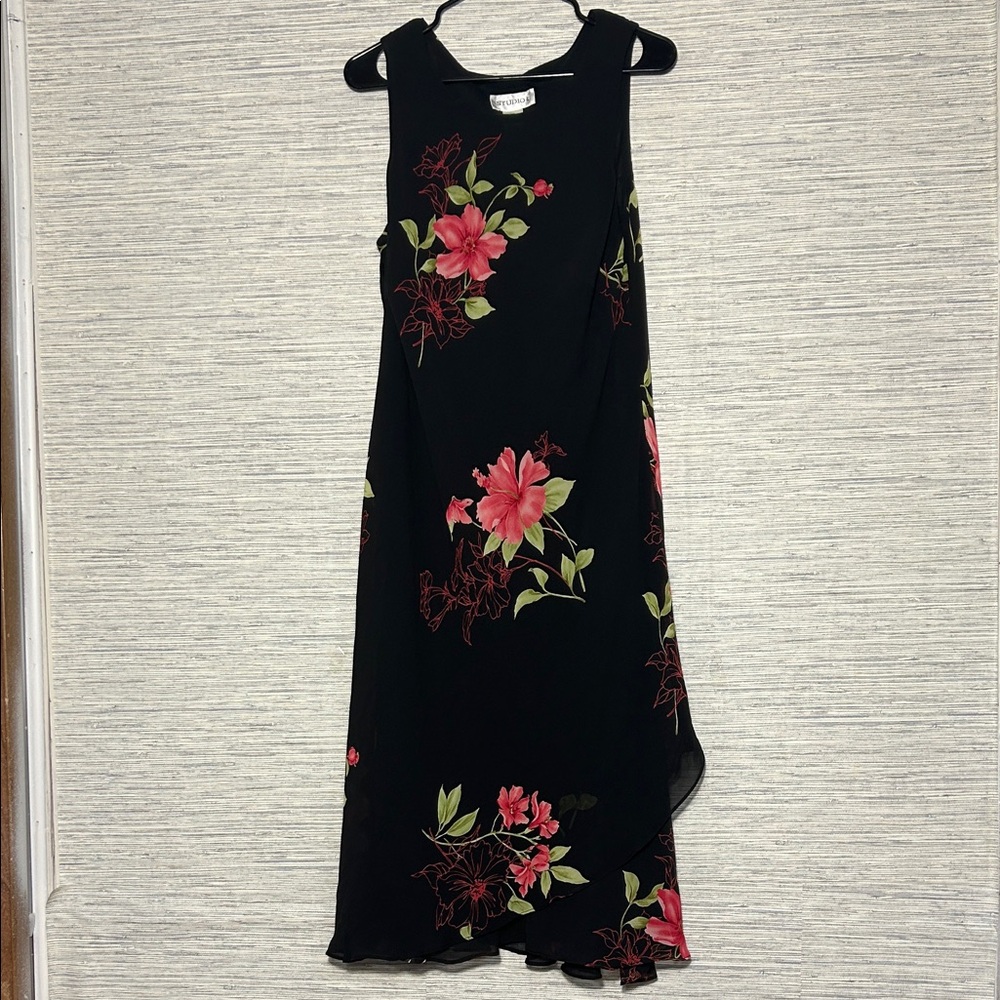 Studio I Black Midi Dress with Pink Floral Print
